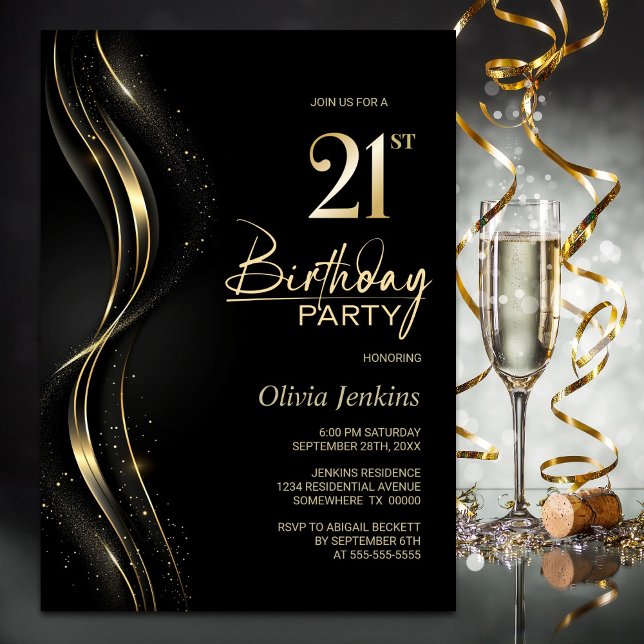 Invitation Soirée de 21e Anniversaire Noir et Or (Créateur téléchargé)
