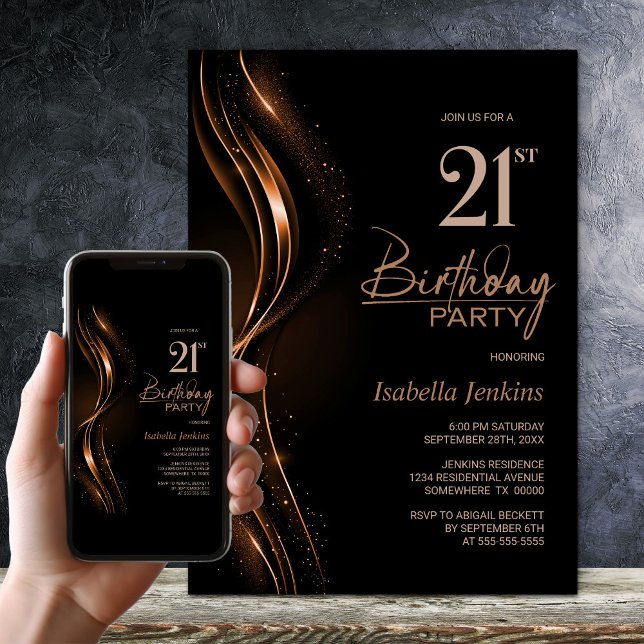 Invitation Soirée de 21e Anniversaire noir et orange (Créateur téléchargé)