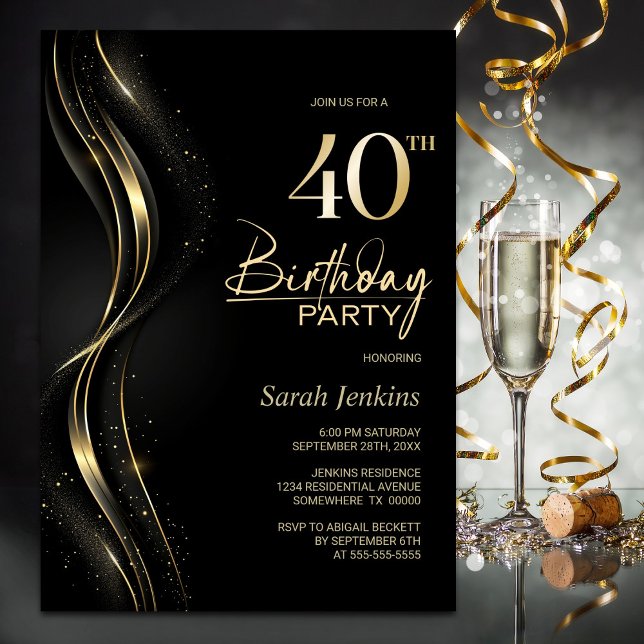 Invitation Soirée de 40e anniversaire de Black and Gold (Créateur téléchargé)