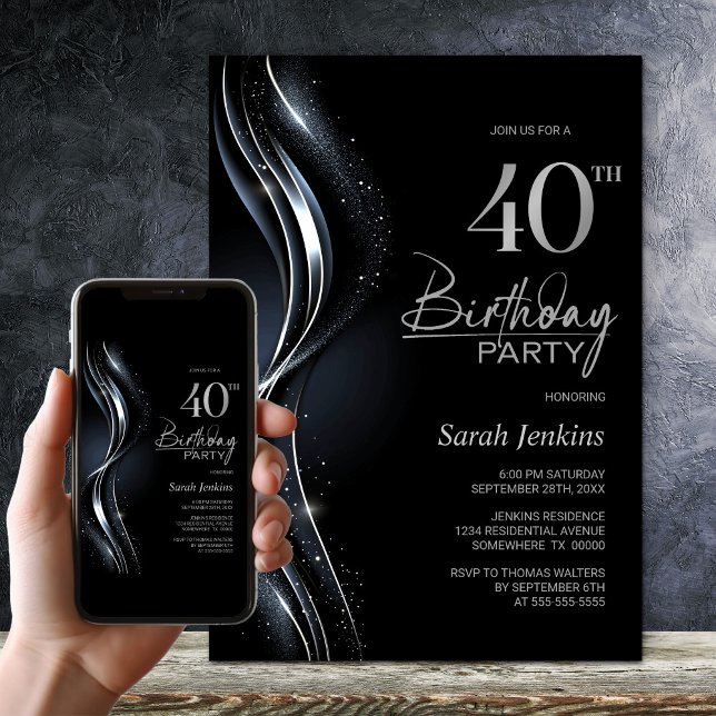 Invitation Soirée de 40e anniversaire de Black and Silver (Créateur téléchargé)