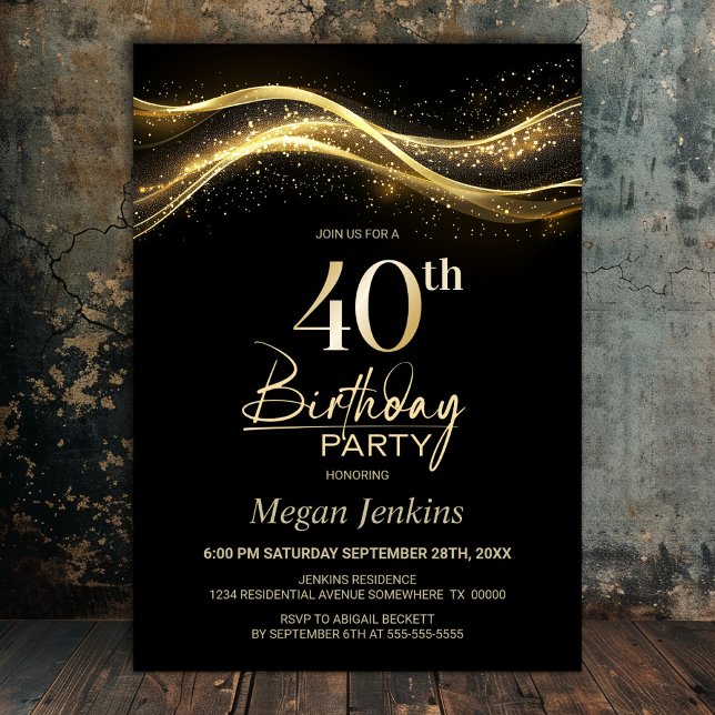 Invitation Soirée de 40e anniversaire de l'élégant Black Gold (Créateur téléchargé)