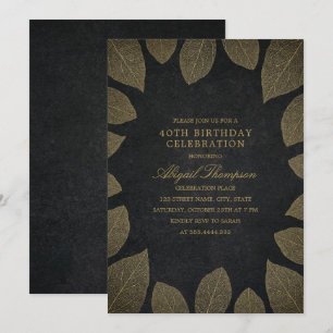Invitation Soirée de 40e anniversaire Elegant Black Gold Feui