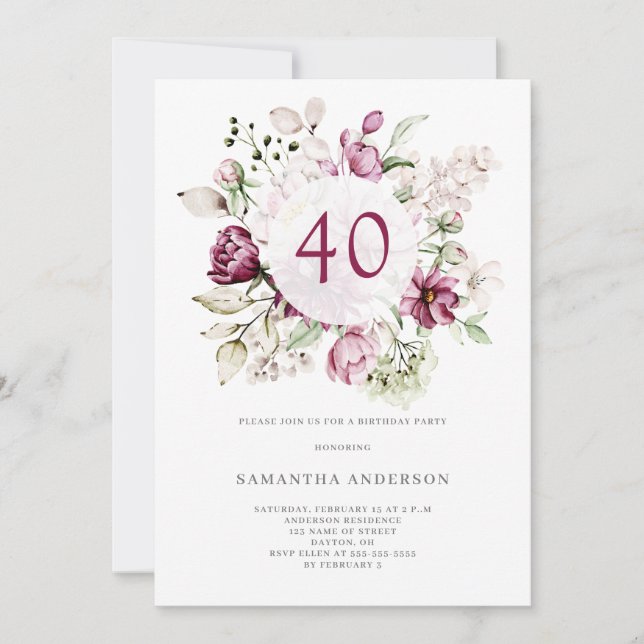 Invitation Soirée de 40e anniversaire élégante rose florale (Devant)
