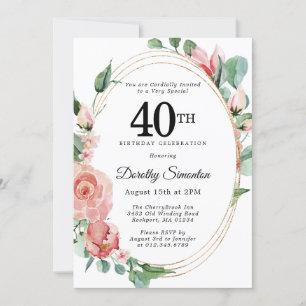 Invitation Soirée de 40e anniversaire élégante rose florale