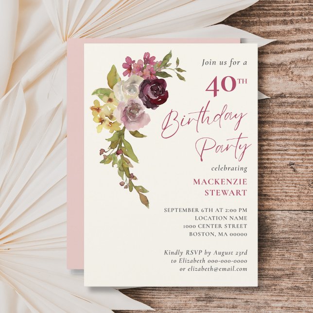 Invitation Soirée de 40e anniversaire en Bourgogne rose (Créateur téléchargé)
