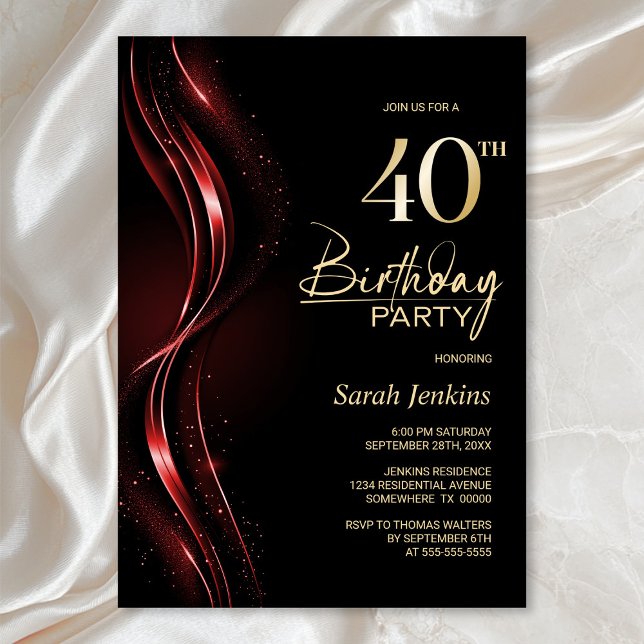 Invitation Soirée de 40e anniversaire noir et rouge élégant (Créateur téléchargé)