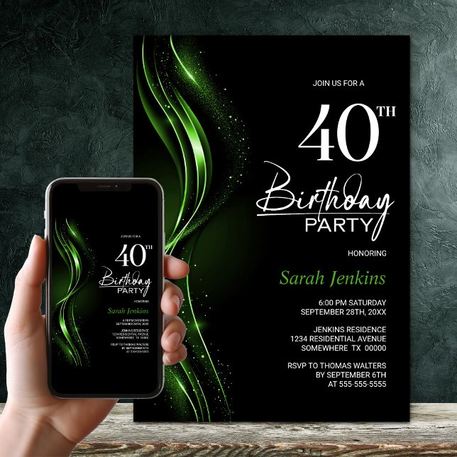 Invitation Soirée de 40e Anniversaire noir et vert (Créateur téléchargé)