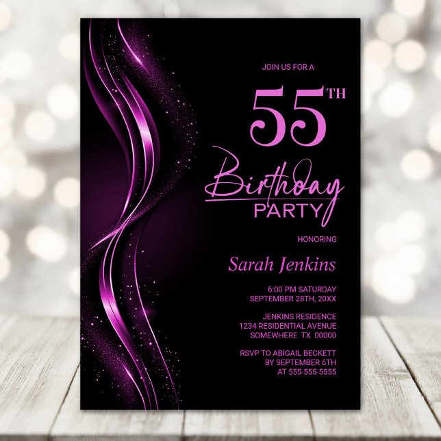 Invitation Soirée de 55e anniversaire noir et rose (Créateur téléchargé)