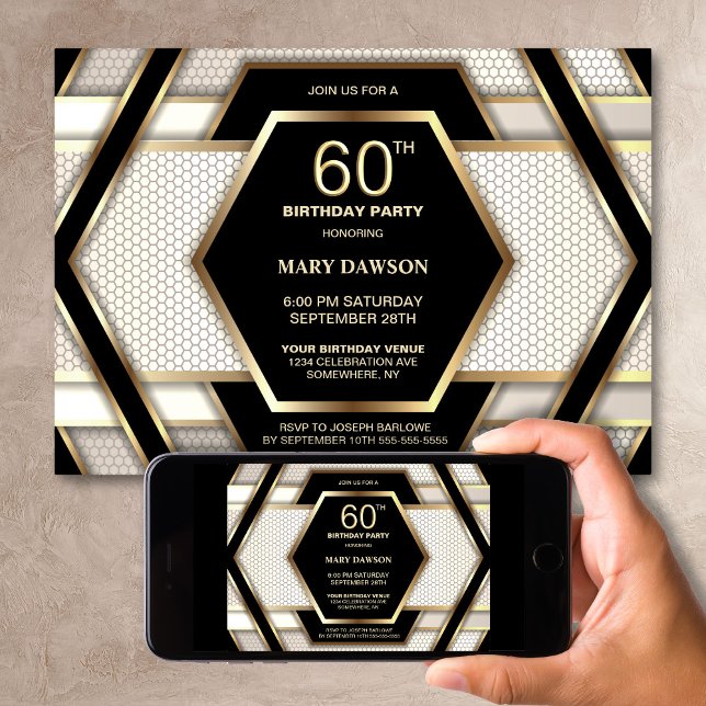 Invitation Soirée de 60e anniversaire de l'élégant Black Gold (Créateur téléchargé)