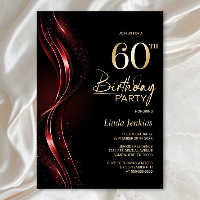 Invitation Soirée de 60e anniversaire noir et rouge élégant (Créateur téléchargé)