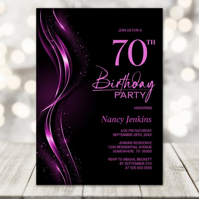 Invitation Soirée de 70e anniversaire de style noir et rose (Créateur téléchargé)