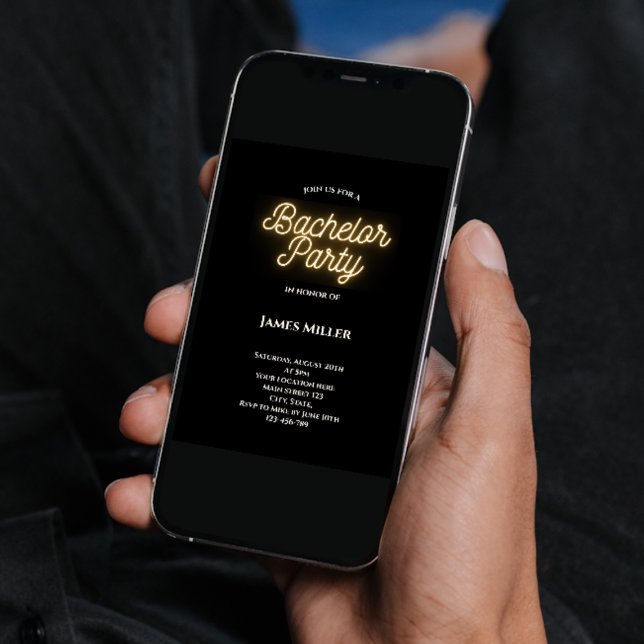 Invitation Soirée de baccalauréat moderne et élégante Noir Bl (modern stylish bachelor party invitation black white gold neon sign script)