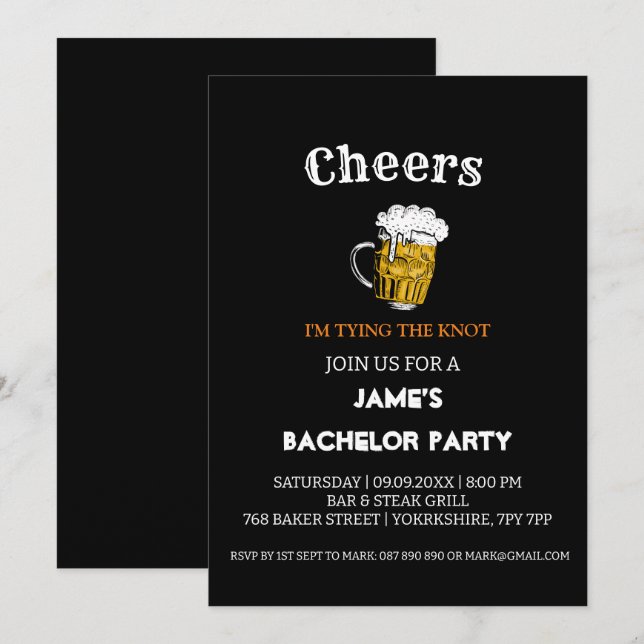 Invitation Soirée de Bachelor Noir (Devant / Derrière)