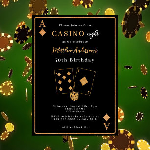 Invitation Soirée de casino anniversaire en noir et or