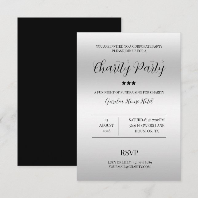 Invitation Soirée de charité Argent Élégance & Classe (Devant / Derrière)