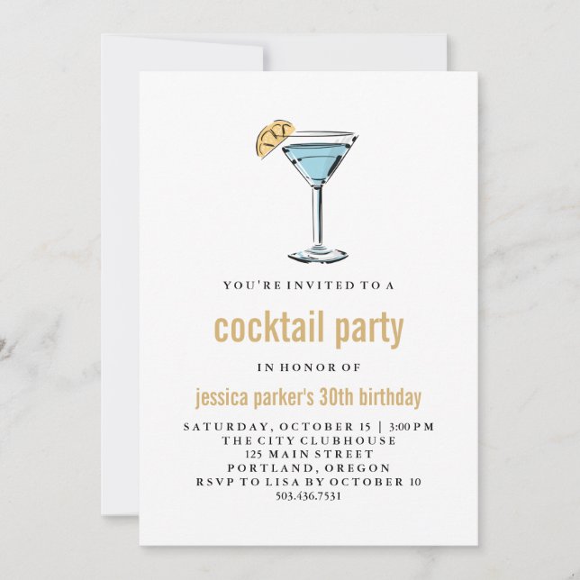 Invitation Soirée de cocktail tendance moderne bleu et or (Devant)