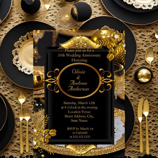 Invitation Soirée de dîner Gold Black Diamond 50e anniversair (Créateur téléchargé)