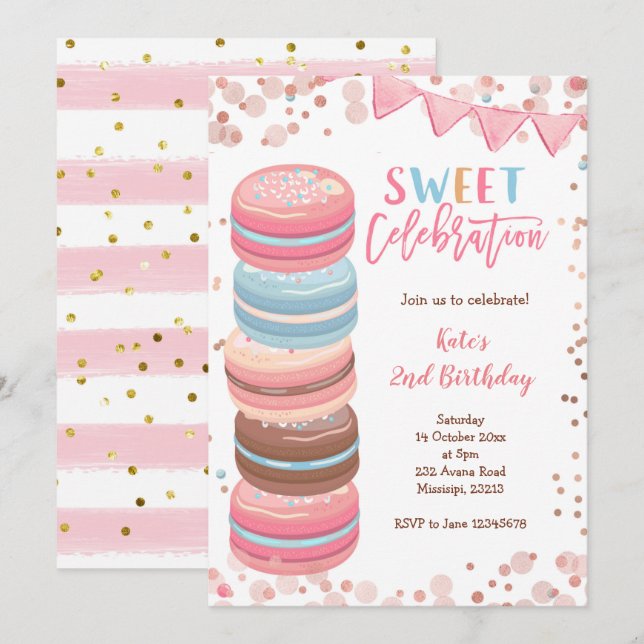 Invitation Soirée de fête de la fille Macaron fête d'annivers (Devant / Derrière)