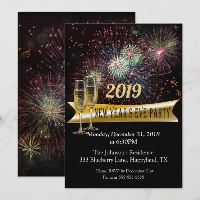 Invitation Soirée de feu d'artifice du Nouvel An (Devant / Derrière)