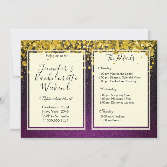 Invitation Soirée de fin de semaine Gold et Purple Bacheloret (Devant)