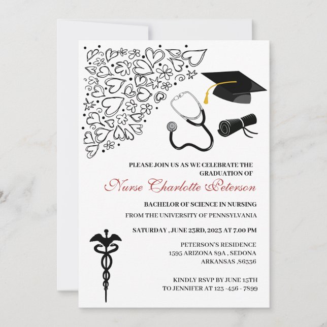 Invitation Soirée de fin d'études de l'infirmière Doodle (Devant)