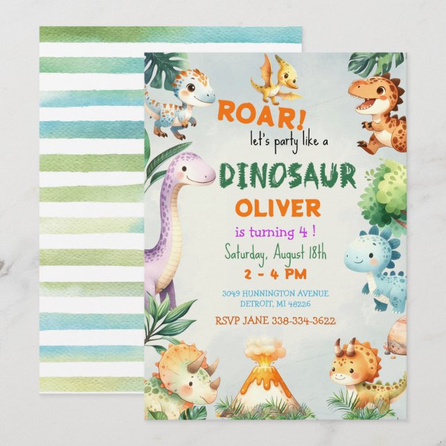Invitation Soirée de garçon comme un anniversaire de dinosaur (Devant / Derrière)