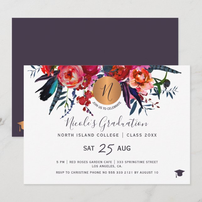 Invitation Soirée de graduation chic or floral moderne (Devant / Derrière)