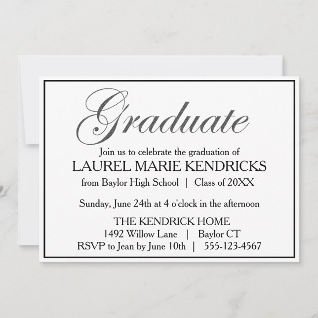 Invitation Soirée de graduation de script noir élégant (Devant)