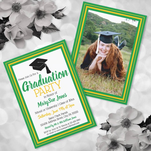 Invitation Soirée de Graduation Photo Vert et Or (Créateur téléchargé)