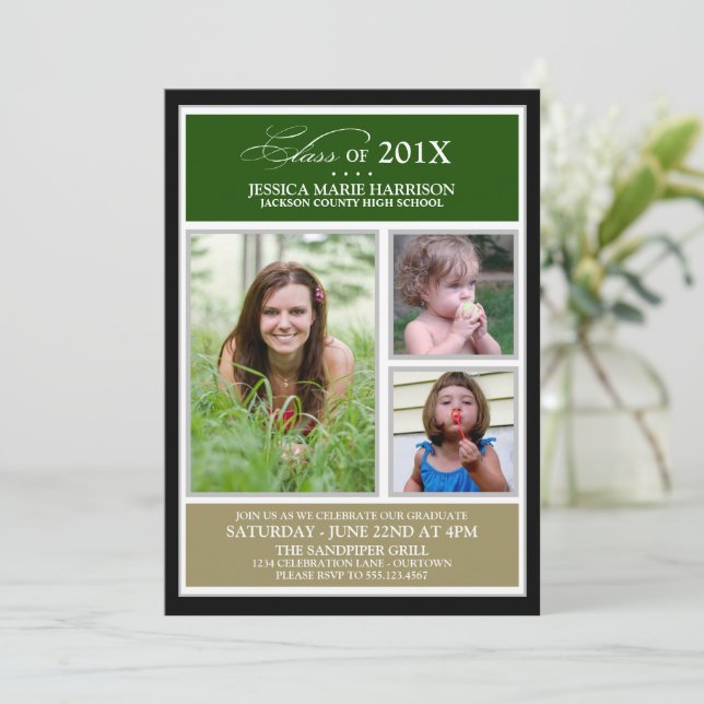 Invitation Soirée de graduation photo verte/or (Debout devant)