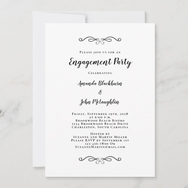 Invitation Soirée de mariage Fiançailles chic noir blanc (Devant)