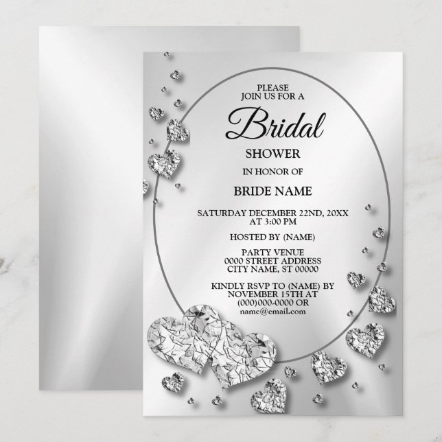 Invitation Soirée de mariée Silver Grey Coeurs brillants Élég (Devant / Derrière)