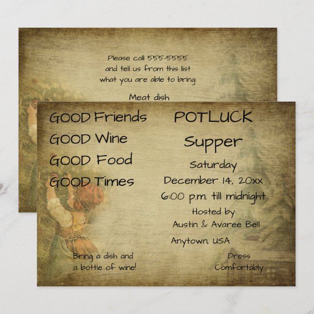 Invitation Soirée de Noël à potluck (Devant / Derrière)