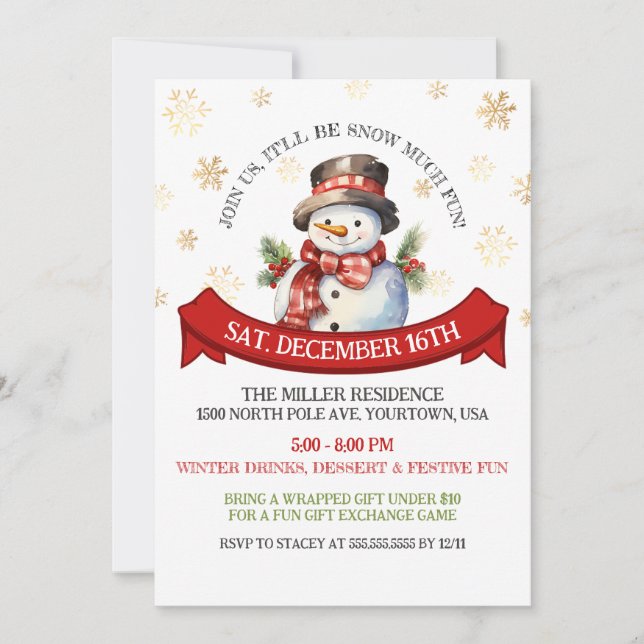 Invitation Soirée de Noël aux flocons d'or de Snowman (Devant)