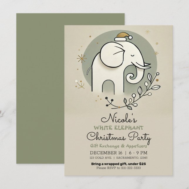 Invitation Soirée de Noël Beige Vert Or Blanc Eléphant (Devant / Derrière)