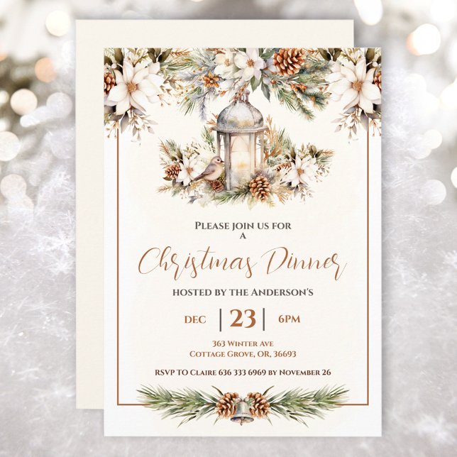 Invitation Soirée de Noël Blanc et crème Élégante (Christmas Dinner Pine White and Cream Elegant Invitation)