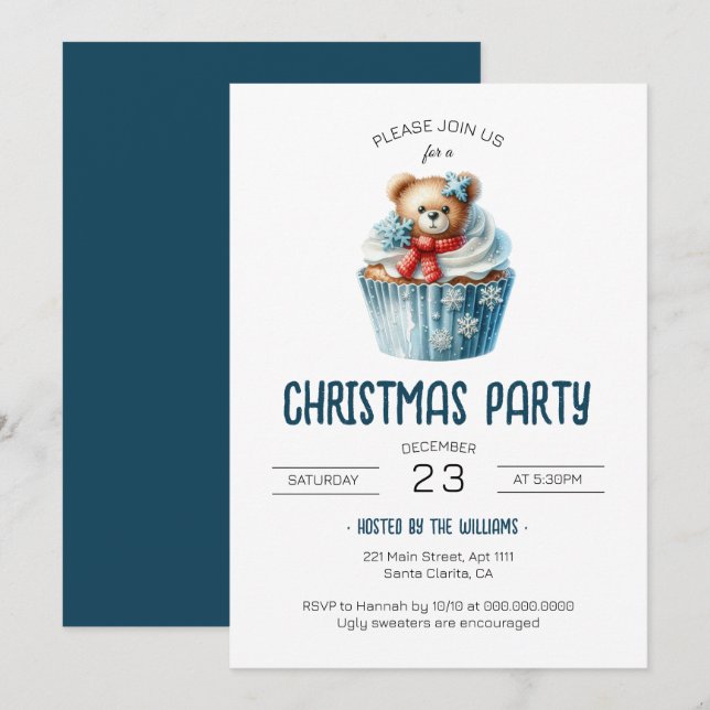 Invitation Soirée de Noël Bleue Ours (Devant / Derrière)