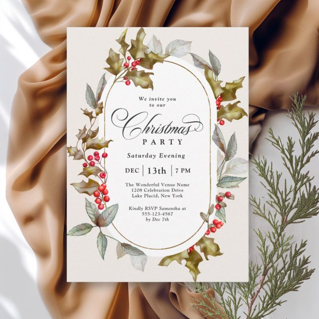 Invitation Soirée de Noël botanique Elegant Holly et Berry (Available in both printed and instant download digital formats.)