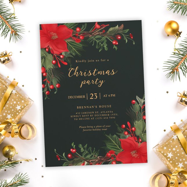 Invitation Soirée de Noël botanique verte (Green Botanical Christmas Party Invitation)