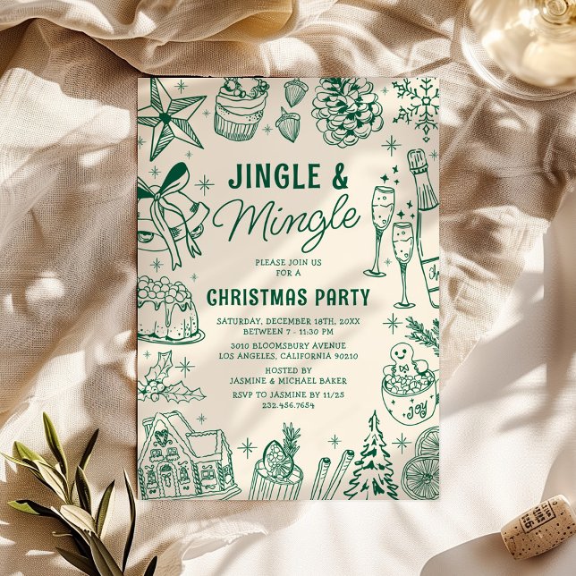 Invitation Soirée de Noël Cosy Green Doodle (Créateur téléchargé)