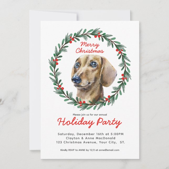 Invitation Soirée de Noël de la Mignonne Dachshund Green Wrea (Devant)