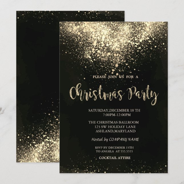 Invitation Soirée de Noël de l'entreprise Gold Confetti (Devant / Derrière)