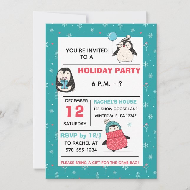 Invitation Soirée de Noël de Noël de Noël de Cute Penguins (Devant)