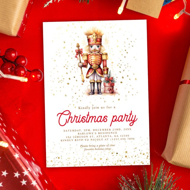 Invitation Soirée de Noël de Noisette d'or rouge (Red Gold Nutcracker Christmas Party Invitation)