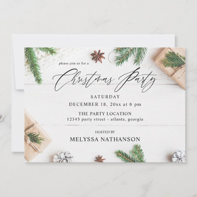 Invitation Soirée de Noël des Feuilles de pin rustique (Devant)