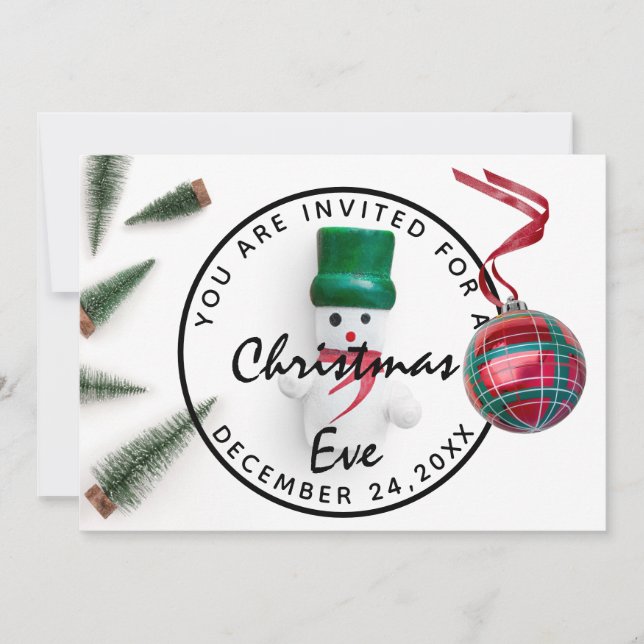 Invitation Soirée de Noël Dîner de Noël White Green Snowman (Devant)
