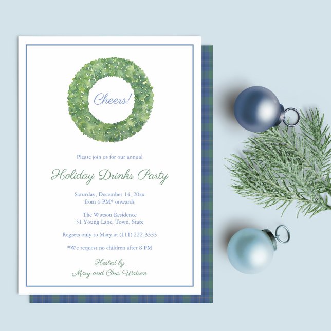 Invitation Soirée de Noël Elegant Boxwood Wreath (Simple Elegant Holidays Party Invitation In Blue / Green With Boxwood Wreath And Tartan Plaid Backer)