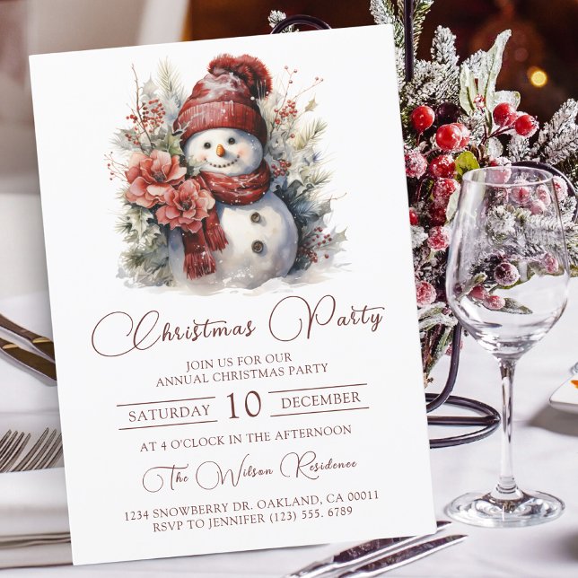Invitation Soirée de Noël Elegant Floral Snowman (Créateur téléchargé)