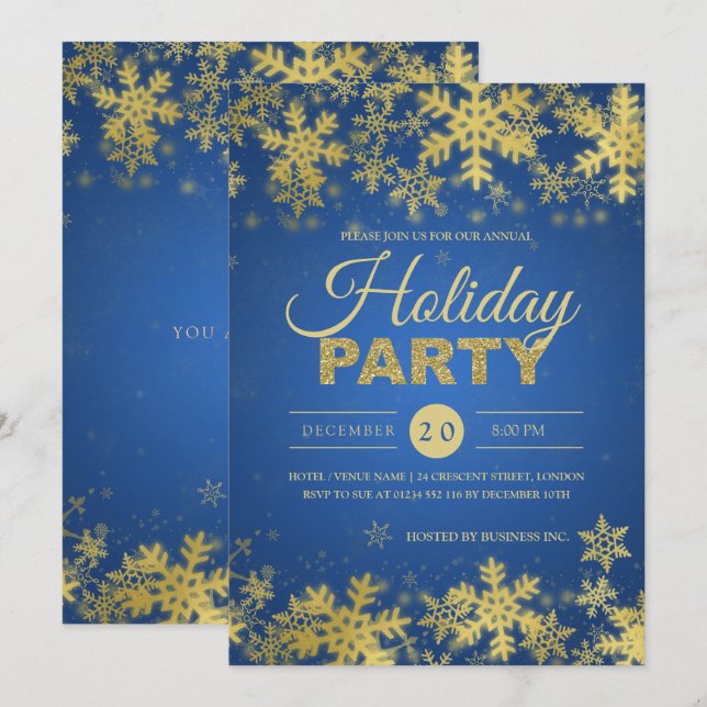 Invitation Soirée de Noël Elegant Gold & Blue Corporate (Devant / Derrière)