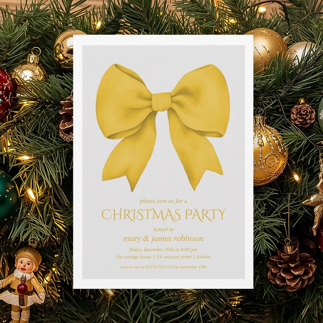 Invitation Soirée de Noël Elegant Gold Bow (Elegant Gold Bow Christmas Holiday Party Invitation)